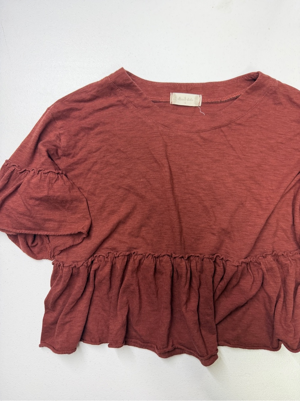 Altar’d State Women’s Small Rust Ruffle Peplum Top Bell Sleeve Boho
